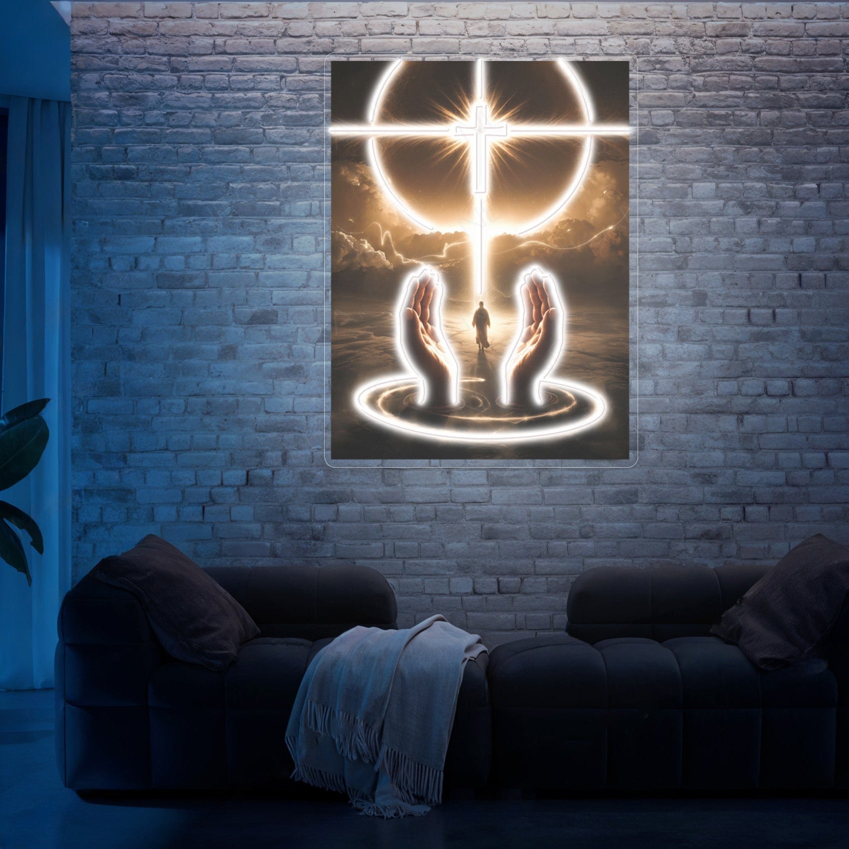 Divine Cross Neon Wall Art – Glowing Christian Faith LED Light with Praying Hands Design