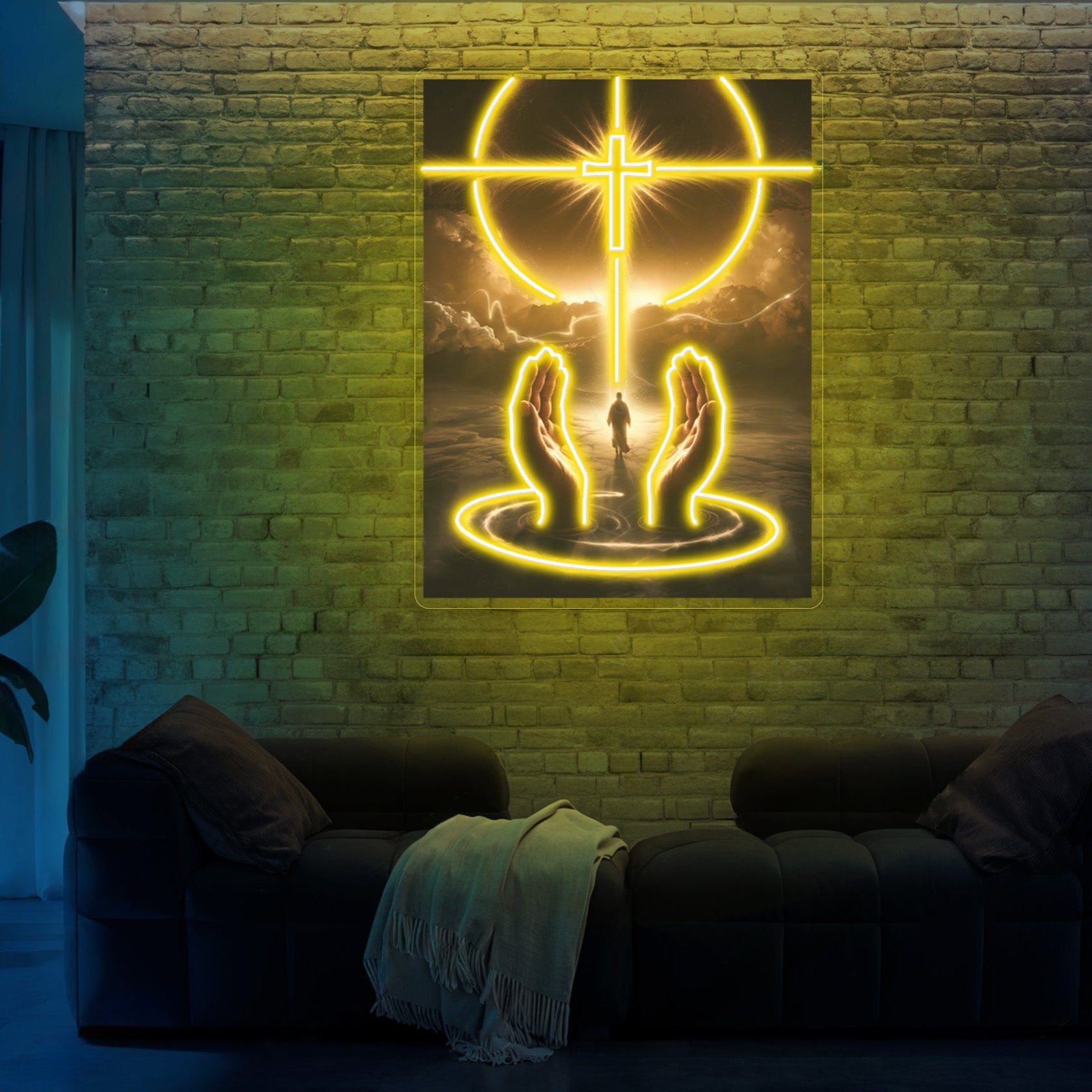 Divine Cross Neon Wall Art – Glowing Christian Faith LED Light with Praying Hands Design