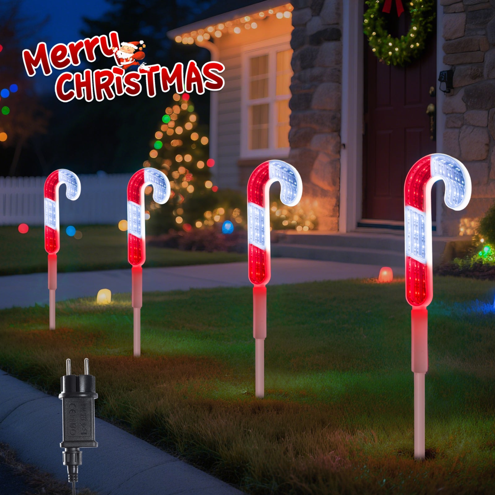 1 pack (4 pcs) Christmas Candy Cane Pathway Lights Outdoor Decorations, LED Mirror Candy Cane Stake Lights for Yard, Walkway & Garden (Red & White, IP44 Waterproof)