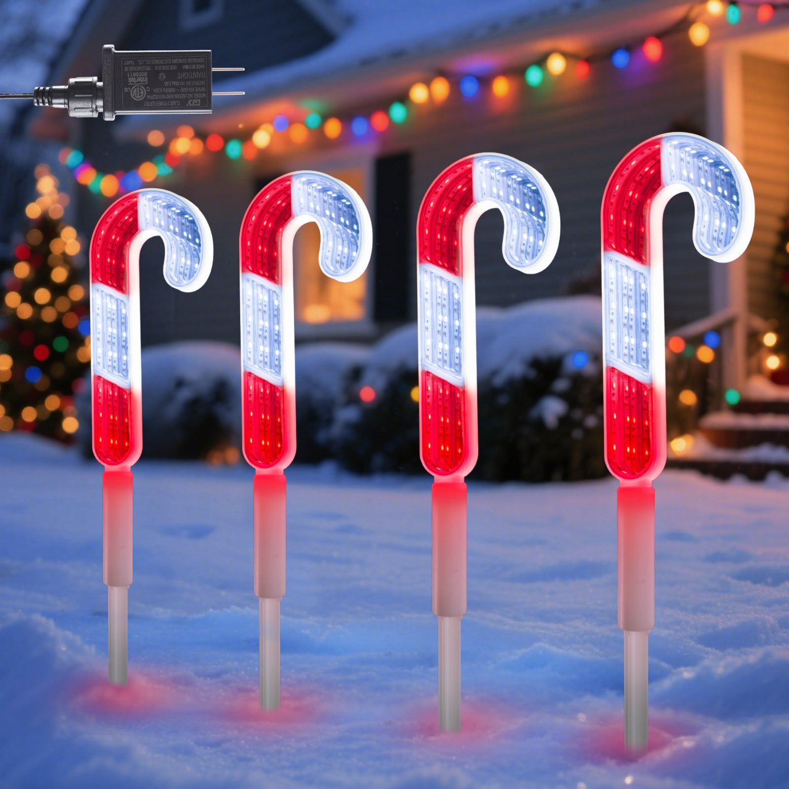 1 pack (4 pcs) Christmas Candy Cane Pathway Lights Outdoor Decorations, LED Mirror Candy Cane Stake Lights for Yard, Walkway & Garden (Red & White, IP44 Waterproof)