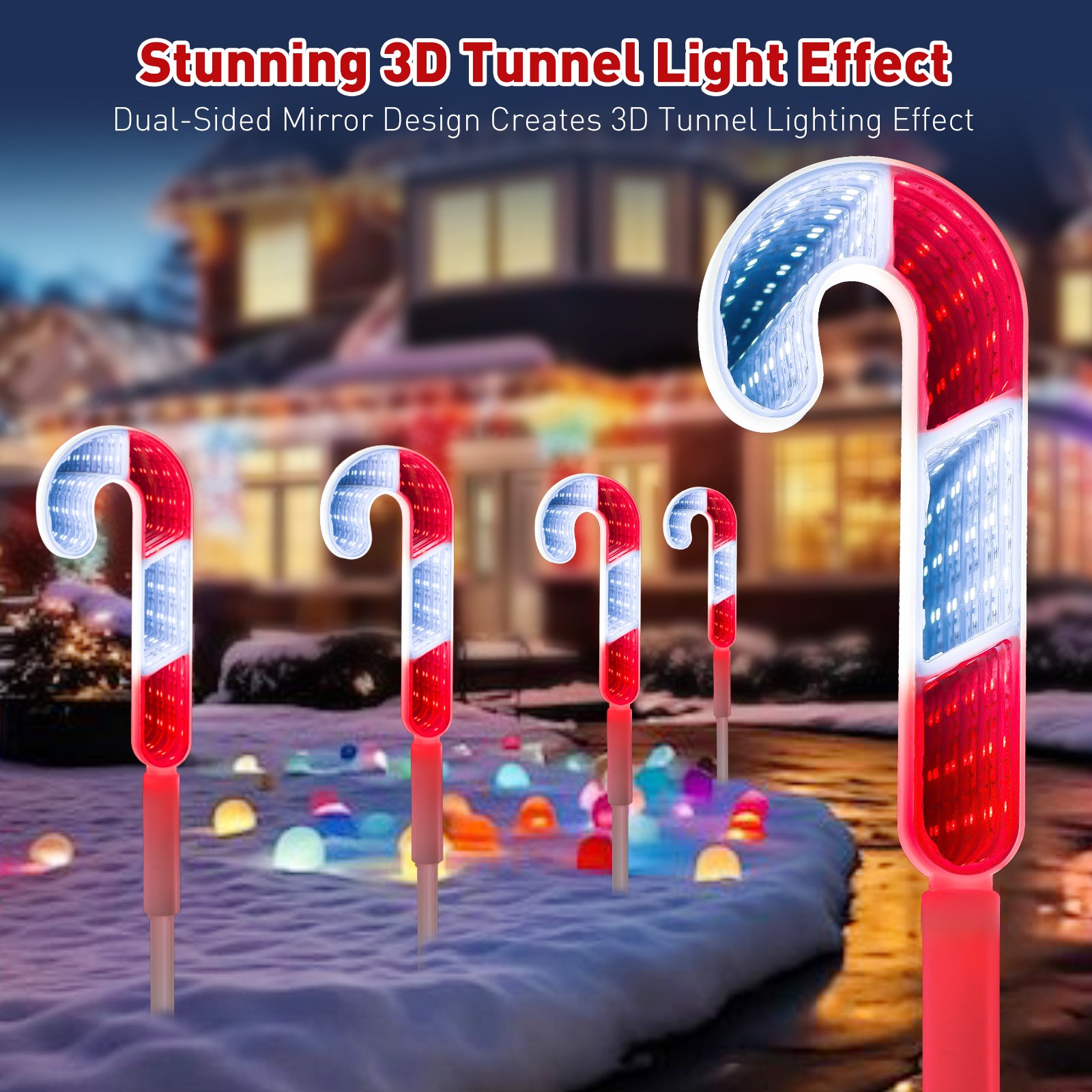 1 pack (4 pcs) Christmas Candy Cane Pathway Lights Outdoor Decorations, LED Mirror Candy Cane Stake Lights for Yard, Walkway & Garden (Red & White, IP44 Waterproof)