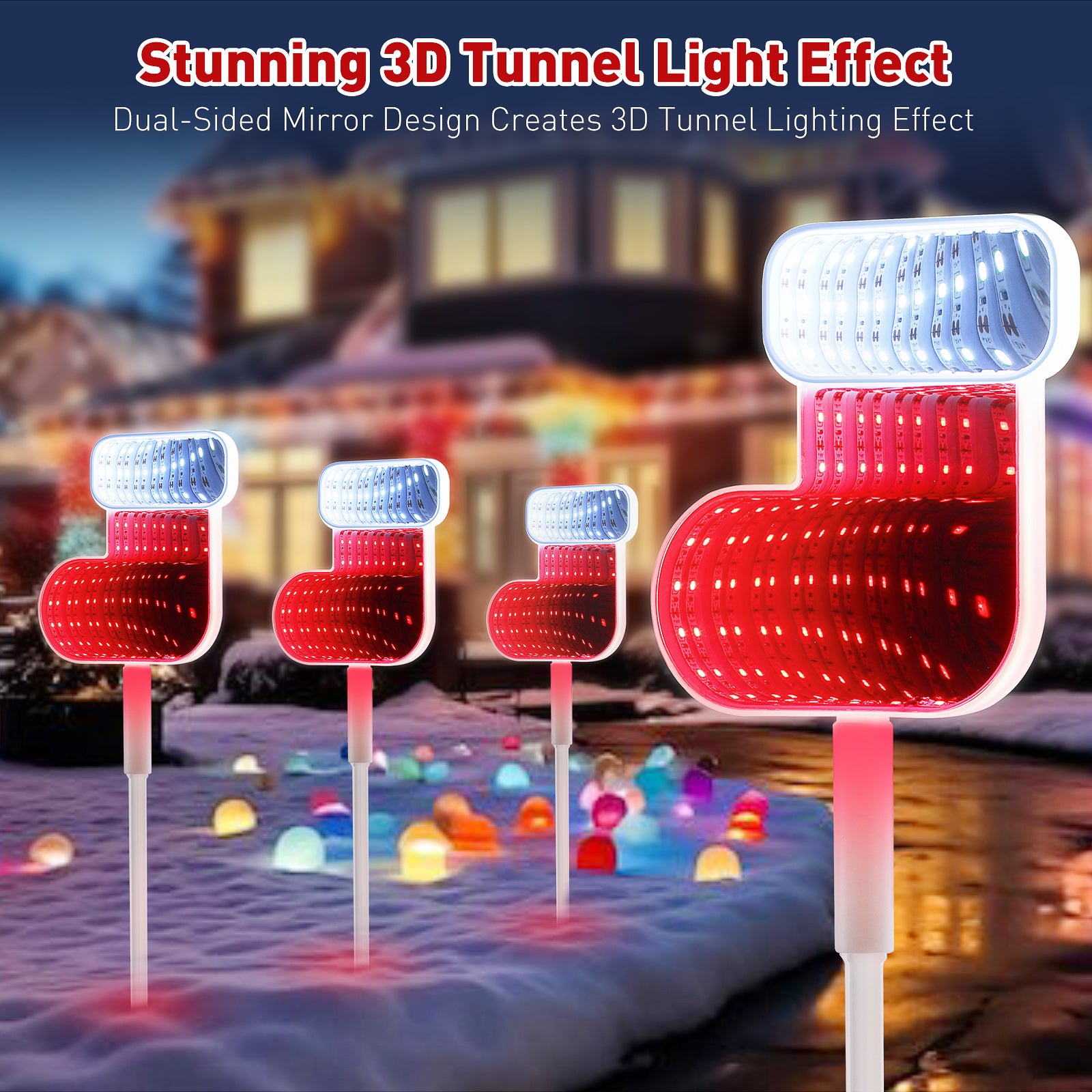 Quntis 1 pack (4 pcs) Christmas 3D Mirror Stocking Stake Lights – LED Outdoor Garden & Pathway Decor