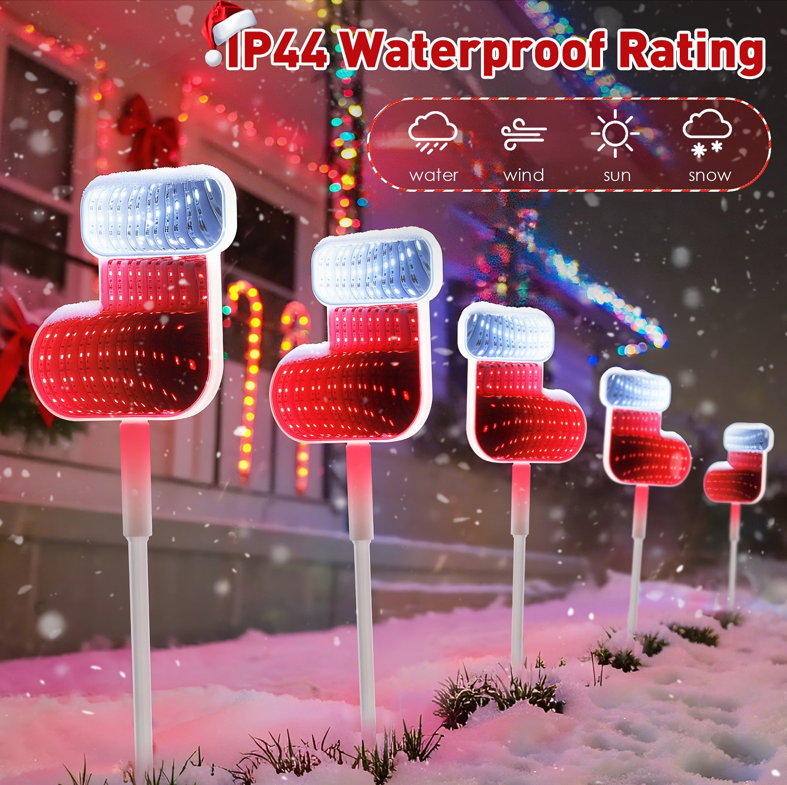 Quntis 1 pack (4 pcs) Christmas 3D Mirror Stocking Stake Lights – LED Outdoor Garden & Pathway Decor