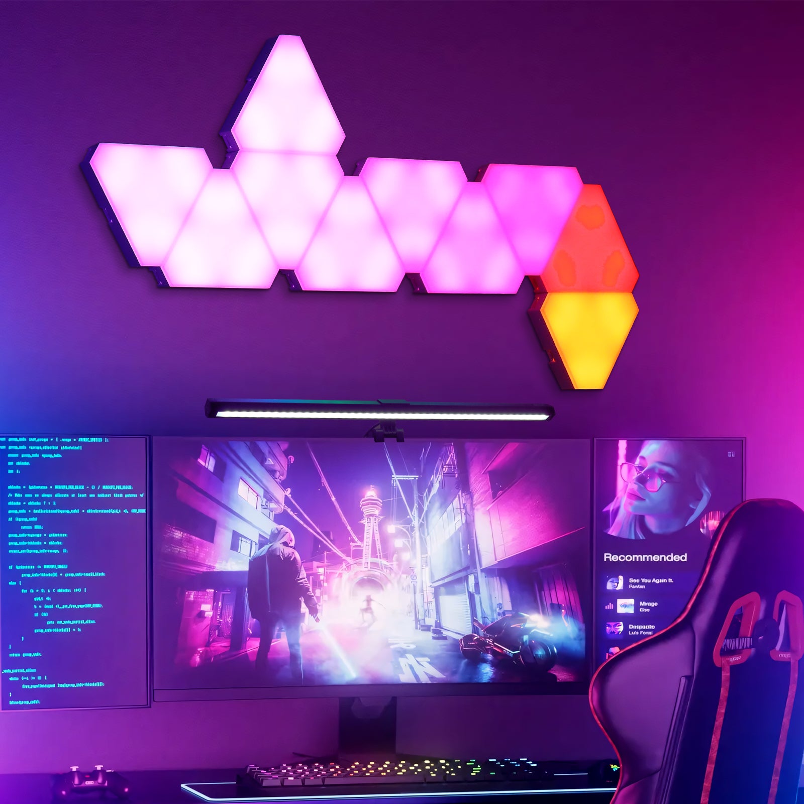 Gaming Light Set – Triangle RGBIC LED Panels + Eye-Caring Monitor Lamp, Sync with Music, App/Remote Control, Ideal for Gaming Room & Workstation