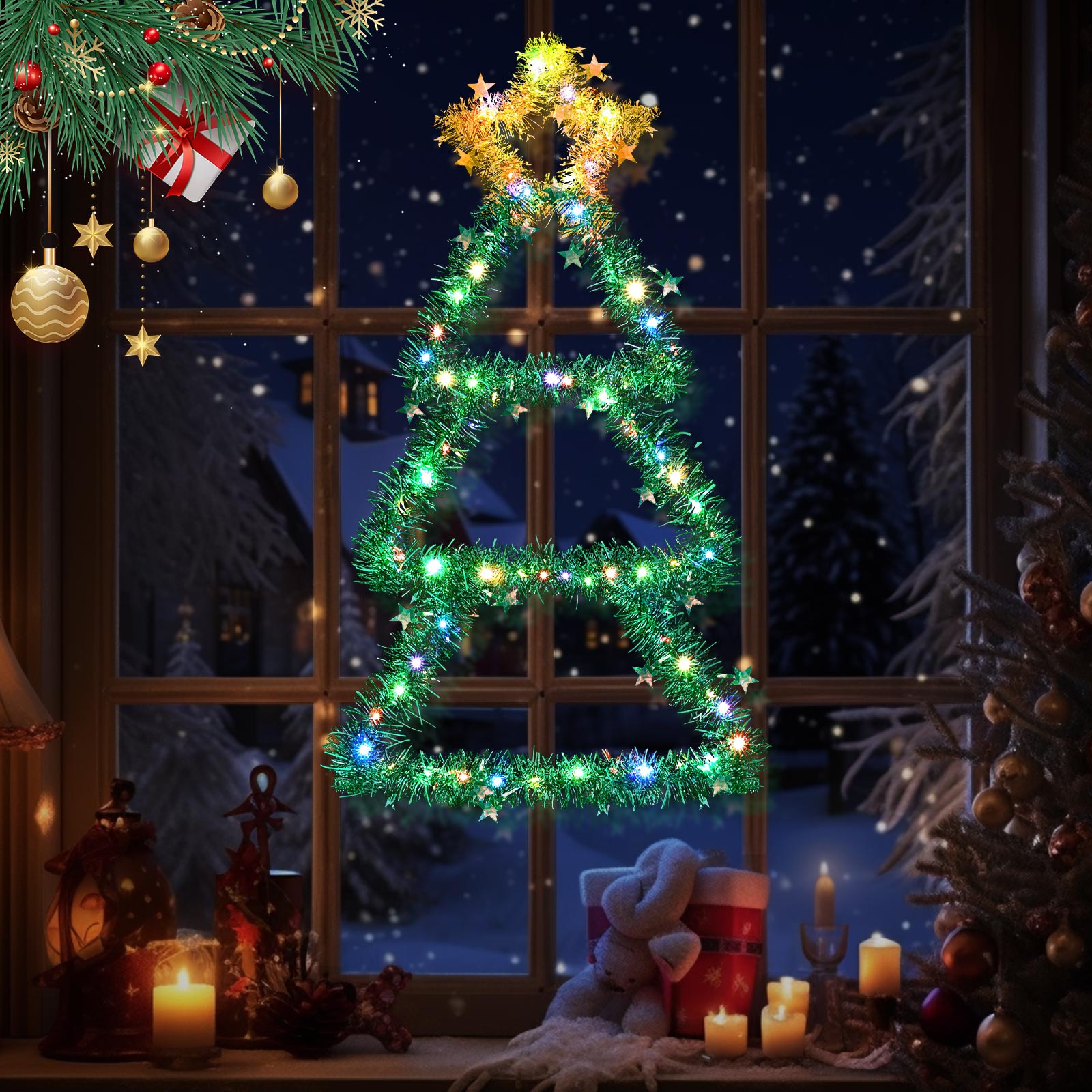Quntis Metall Weihnachtsbaum mit Lichtern – Farbwechselnde batteriebetriebene Weihnachtsfensterlichter (30 x 14 Zoll), 8 Modi & Timer, faltbare Wanddekoration für drinnen/draußen