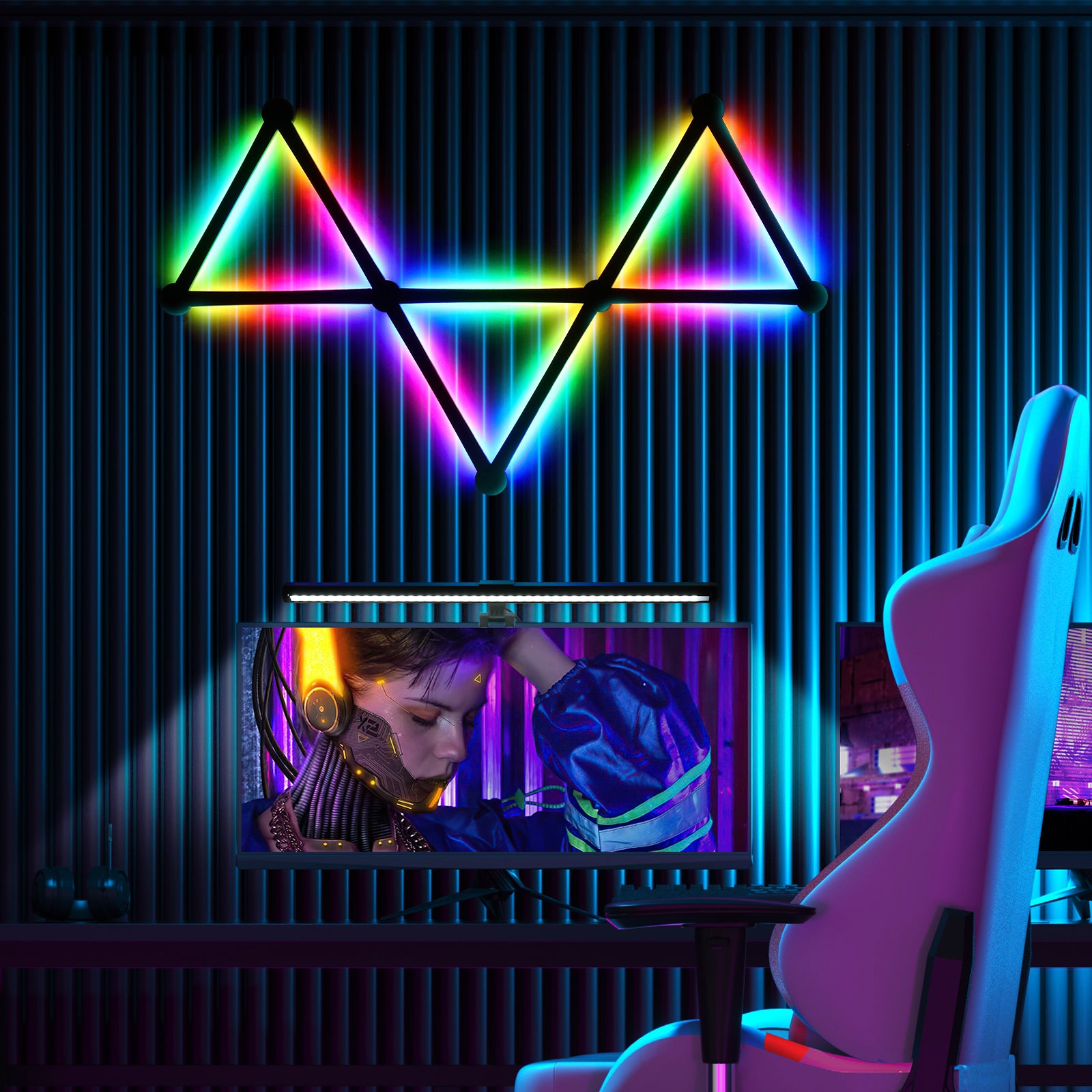 Smart RGB Gaming Light Combo – 9 LinesGlide Wall Light Bars + Eye-Caring Desk Lamp, RGBIC LED Sync Lights for Bedroom, Gaming Setup, Workstation