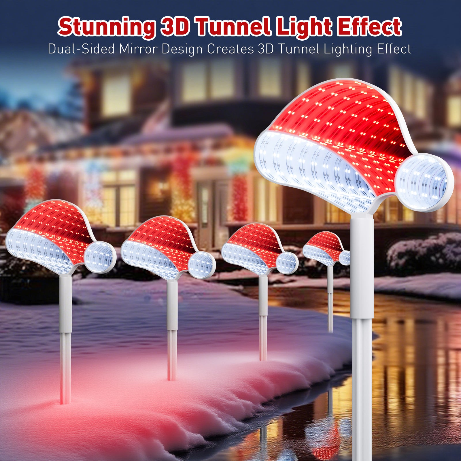 Quntis 1 Pack（4Pcs）Outdoor 3D Mirror Santa Hat Stake Lights – LED Christmas Decorations for Lawn & Walkway