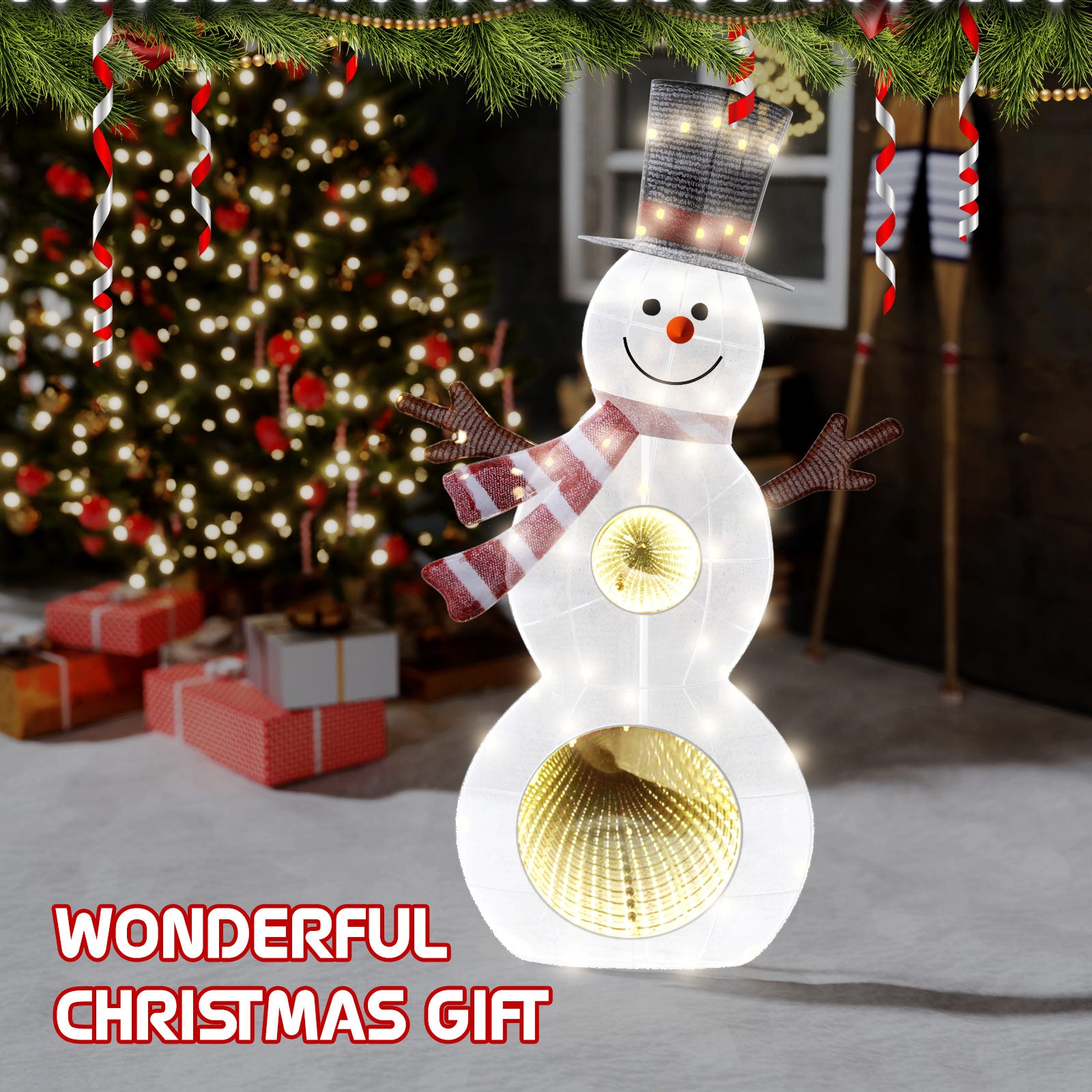 Quntis Bonhomme de neige lumineux de 3 pieds, 53 LED avec miroir infini, décoration de jardin de Noël 3D pailletée pour affichage de vacances en intérieur et en extérieur