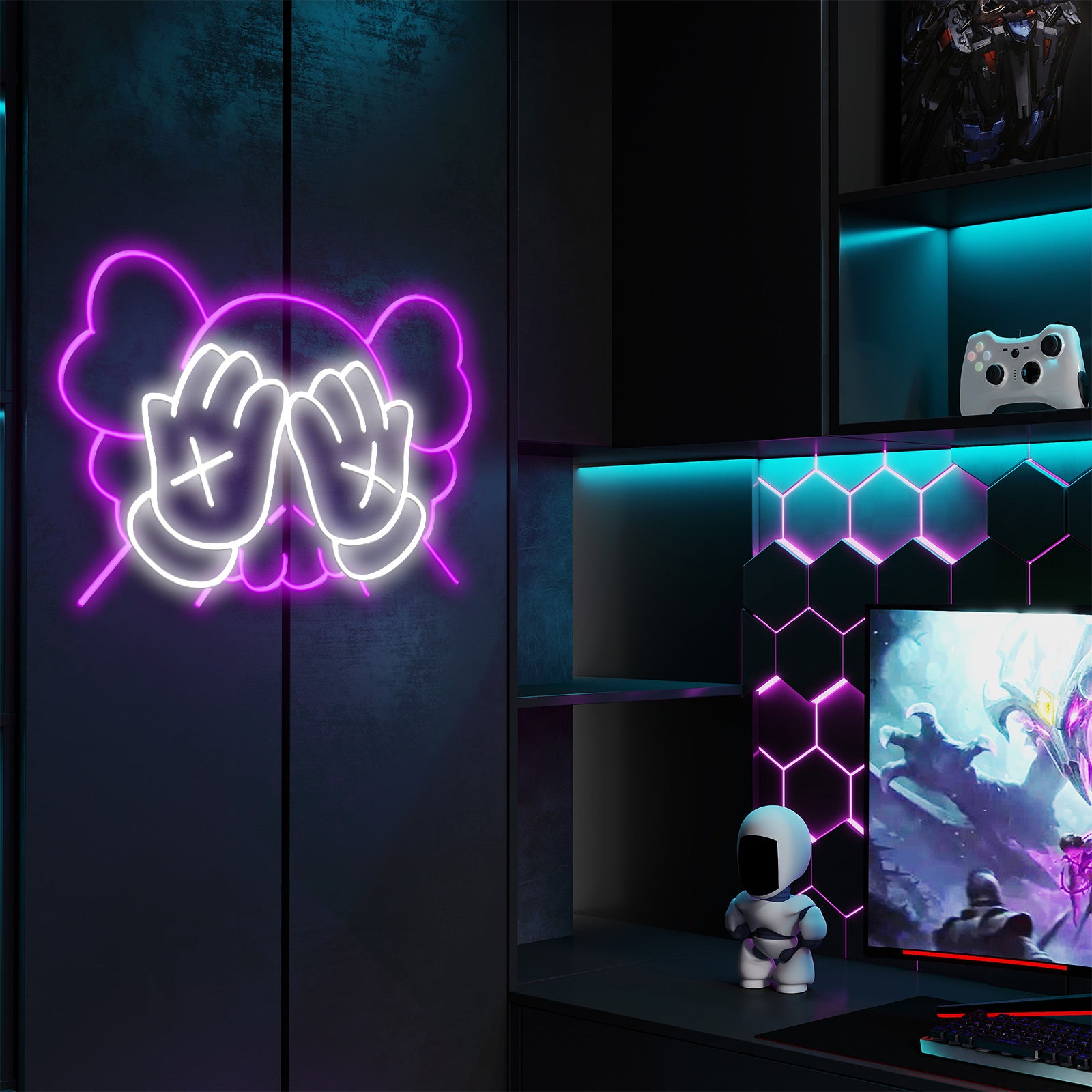 Letreiro Neon com Mãos Inspiradas em KAWS para Espaços de Arte Moderna e Estúdios