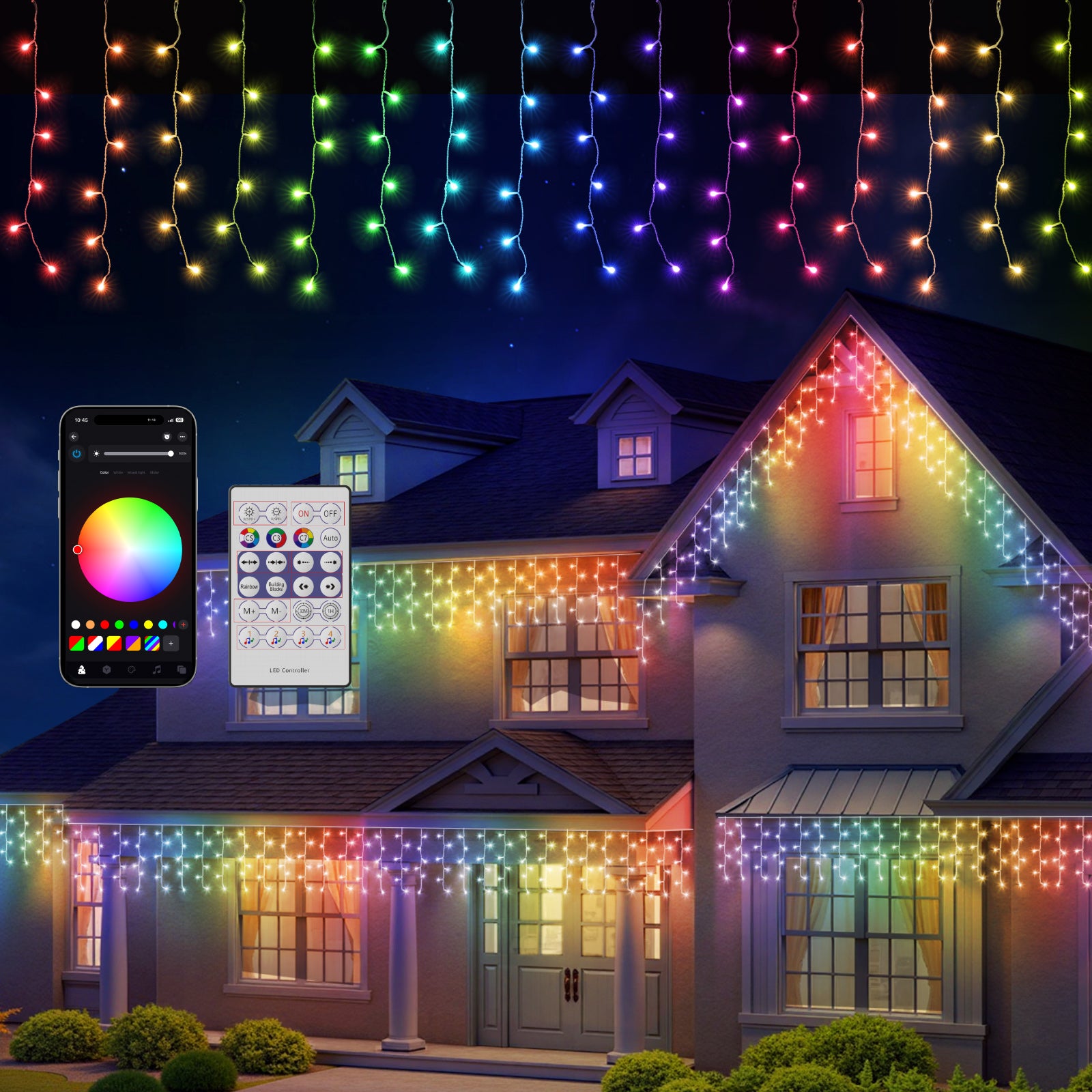 Quntis 5x0.6m/10x0.6m Transparent Wire Multicolor LED Icicle Lights with Remote – Smart Control, APP Custom Colors & Modes, Music Sync Christmas Holiday Icicle Lights