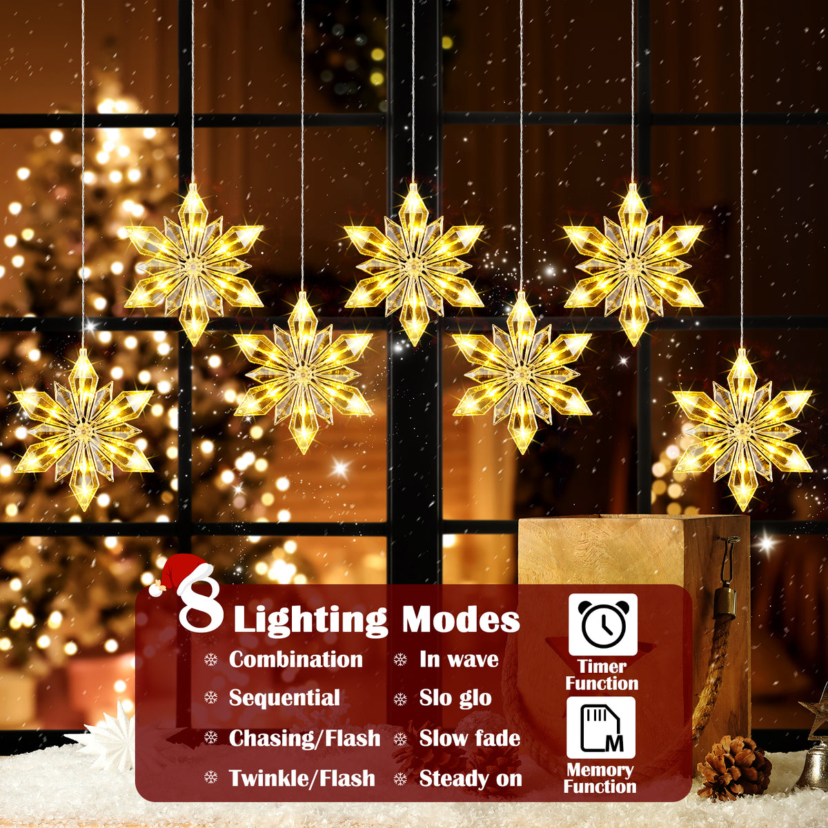 Quntis, guirlande lumineuse de fenêtre en forme de flocons de neige en cristal, 7 pièces, 84 LED blanc chaud à piles
