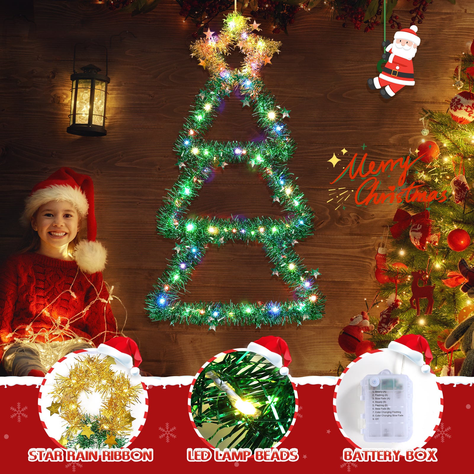 Quntis Metal Christmas Tree with Lights – Color Changing Battery-Powered Christmas Window Lights (30 x 14 Inches), 8 Modes & Timer, Foldable Wall Hanging Holiday Decor for Indoor/Outdoor Use