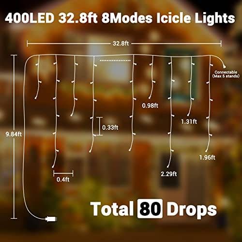 Waterproof Connectable Icicle Lights,Warm White,32.8FT 400 LED - quntis-service