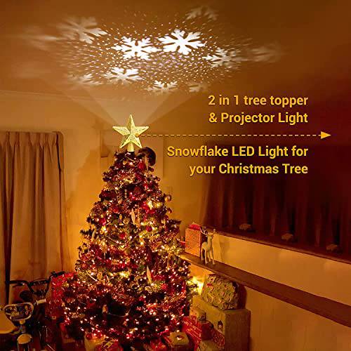 Gold Star 3D Tree Topper Lighted with LED Rotating Snowflake Tree Topper Light - quntis-service
