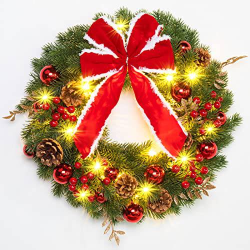 16 Inch Artificial Garland Wreath with Bow-Knot Christmas Wreath with 40 LED Lights - quntis-service