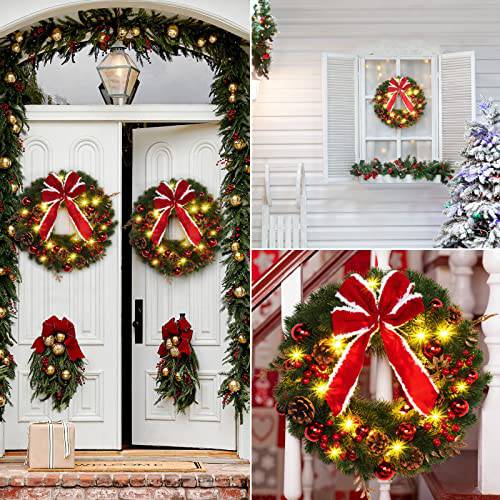16 Inch Artificial Garland Wreath with Bow-Knot Christmas Wreath with 40 LED Lights - quntis-service