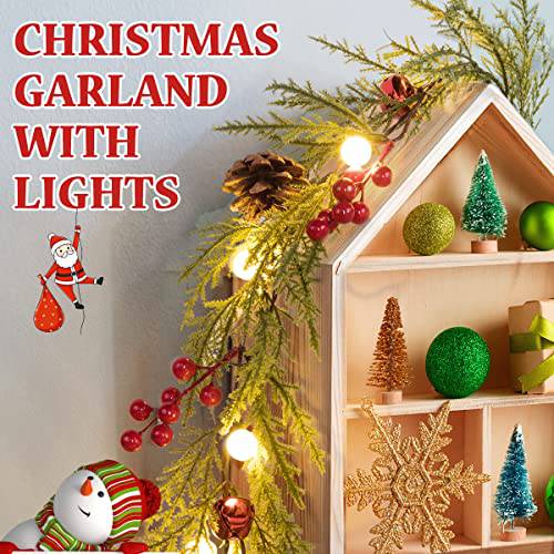 2 Pack Christmas Garland with Lights, 5.7FT 20 LED Artificial Red Berry Garland Christmas Decorations PineCones Bells - quntis-service