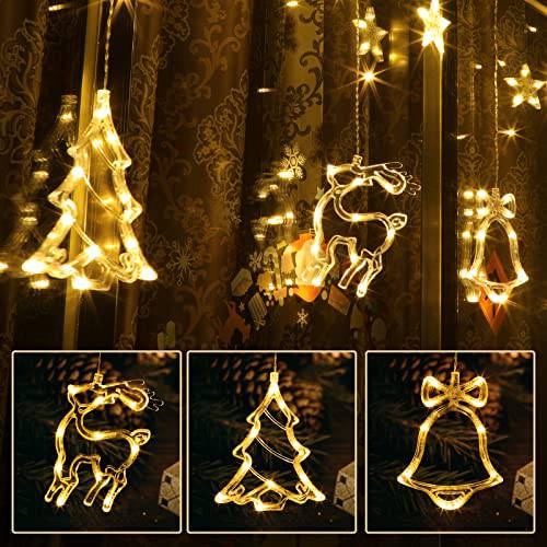 138LEDs Christmas Curtain Lights,7.5ft Connectable Star Elk Jingle Bell Xmas Tree String Lights with 8 Modes,Plug in Fairy Curtain Lights for Indoor Outdoor Wall Window Christmas Decoration - quntis-service