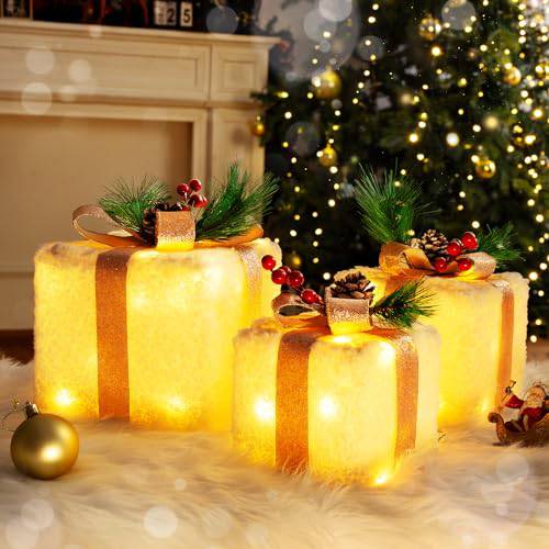 Set of 3 Plug-In Christmas Gift Gold Bows Lighted Boxes (60 LEDs) - quntis-service