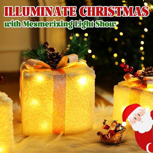 Set of 3 Plug-In Christmas Gift Gold Bows Lighted Boxes (60 LEDs) - quntis-service