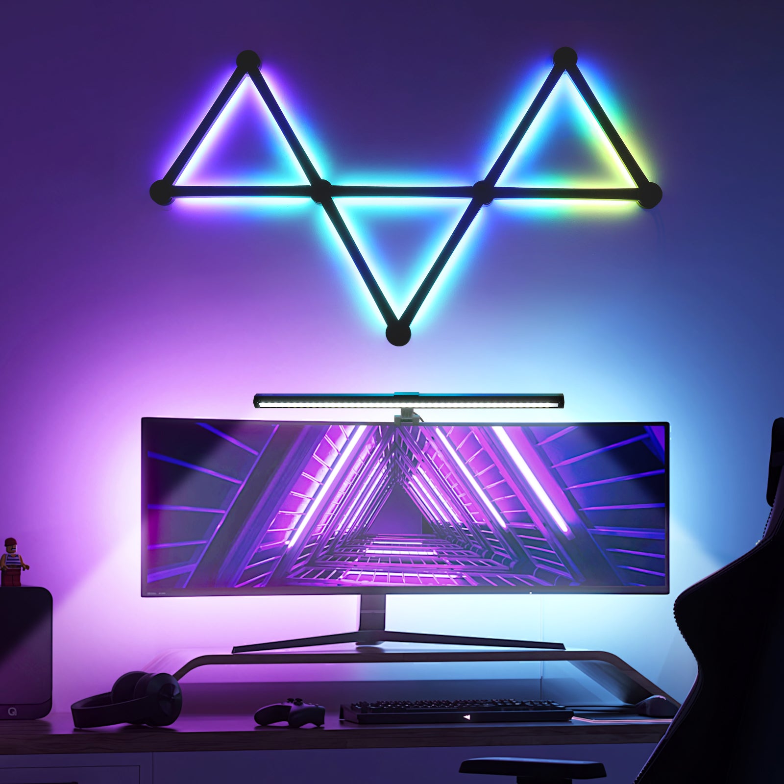 Smart RGB Gaming Light Combo – 9 LinesGlide Wall Light Bars + Eye-Caring Desk Lamp, RGBIC LED Sync Lights for Bedroom, Gaming Setup, Workstation