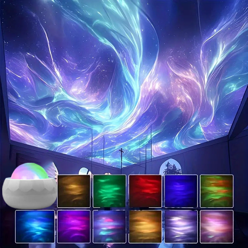 Northern Lights Aurora Projector Lamp – RGB Water Ripple Galaxy Night Light, USB Decorative Ambient Light for Bedroom & Parties