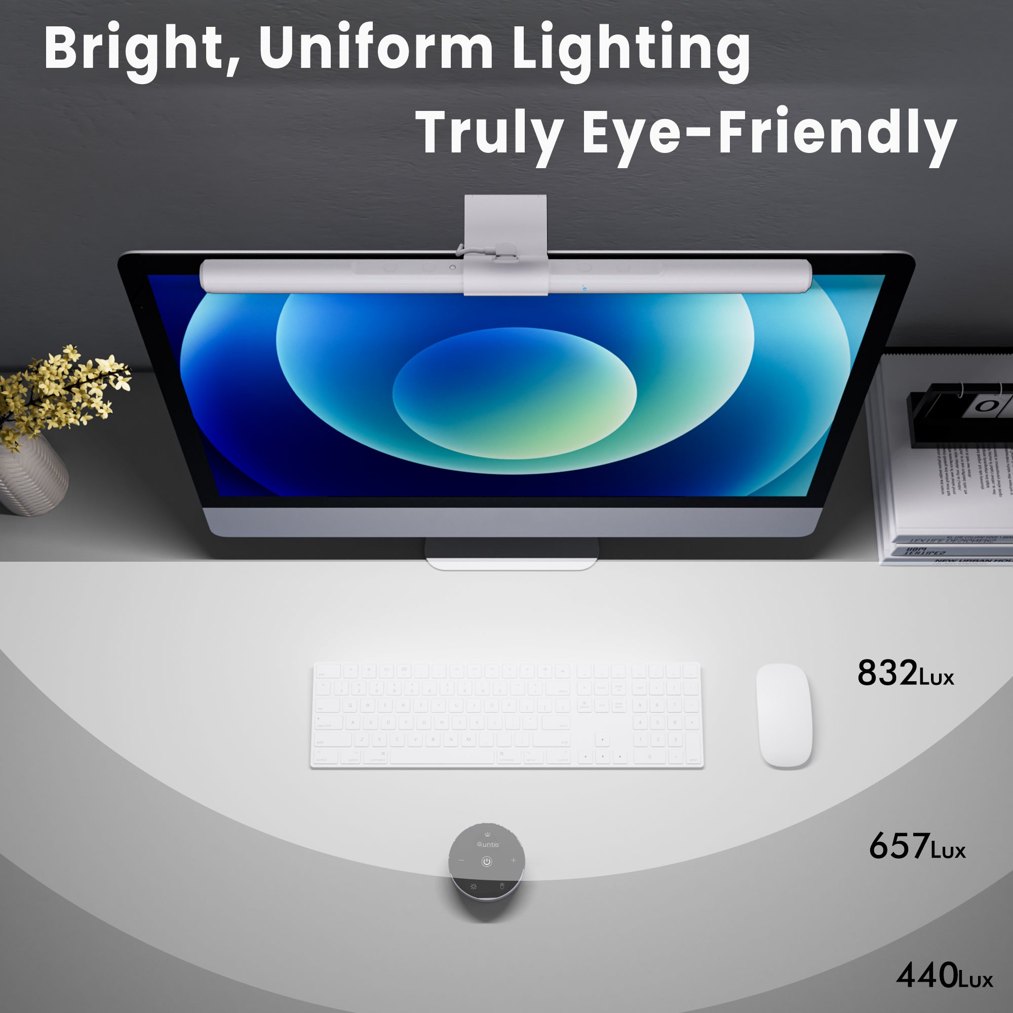 Quntis White Auto-Dimming Monitor Light Bar with Remote Control – No-Glare LED Screen Lamp with Smart Ambient Light Sensor for Eye Protection, Ideal for Office & Gaming Setup
