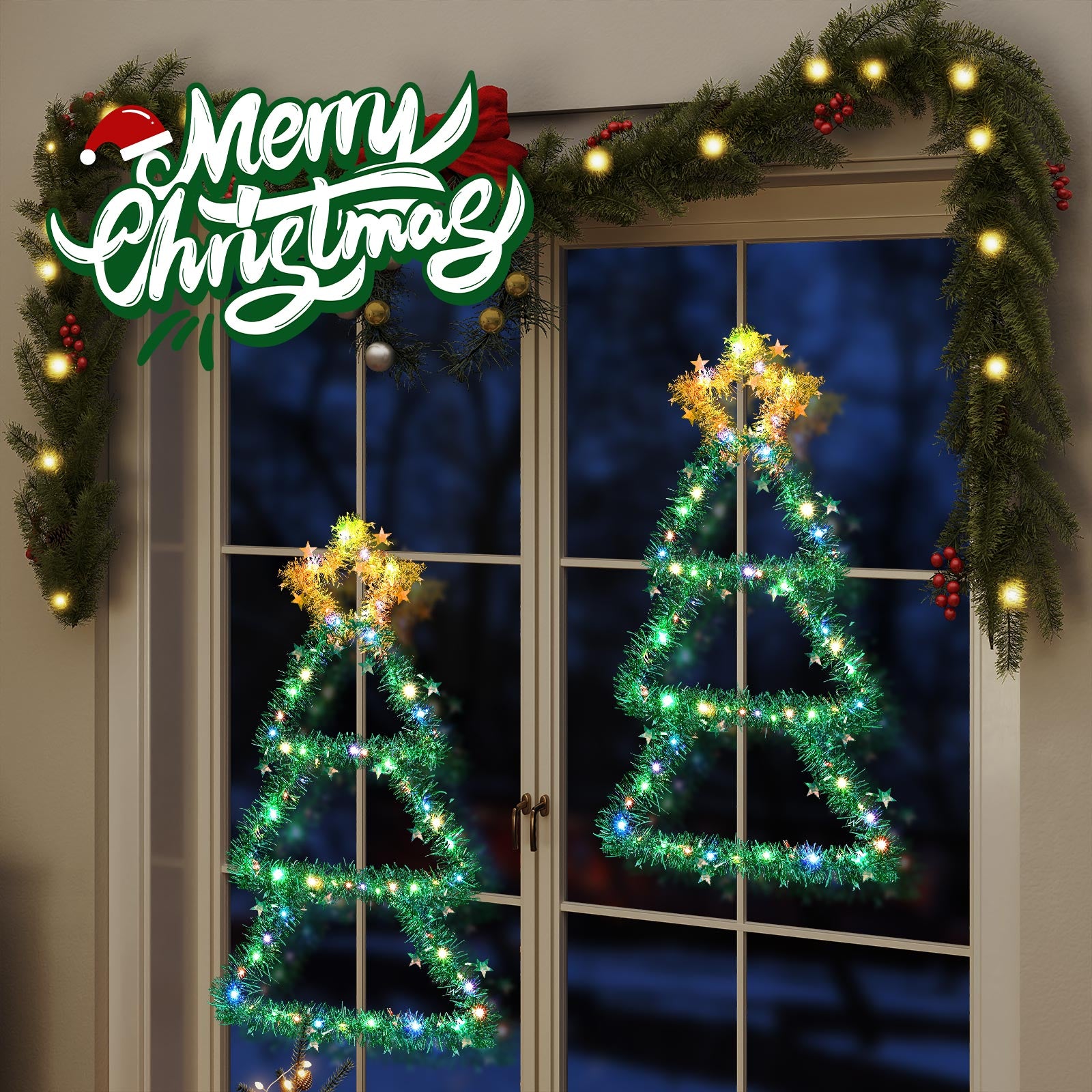 Quntis Metall Weihnachtsbaum mit Lichtern – Farbwechselnde batteriebetriebene Weihnachtsfensterlichter (30 x 14 Zoll), 8 Modi & Timer, faltbare Wanddekoration für drinnen/draußen