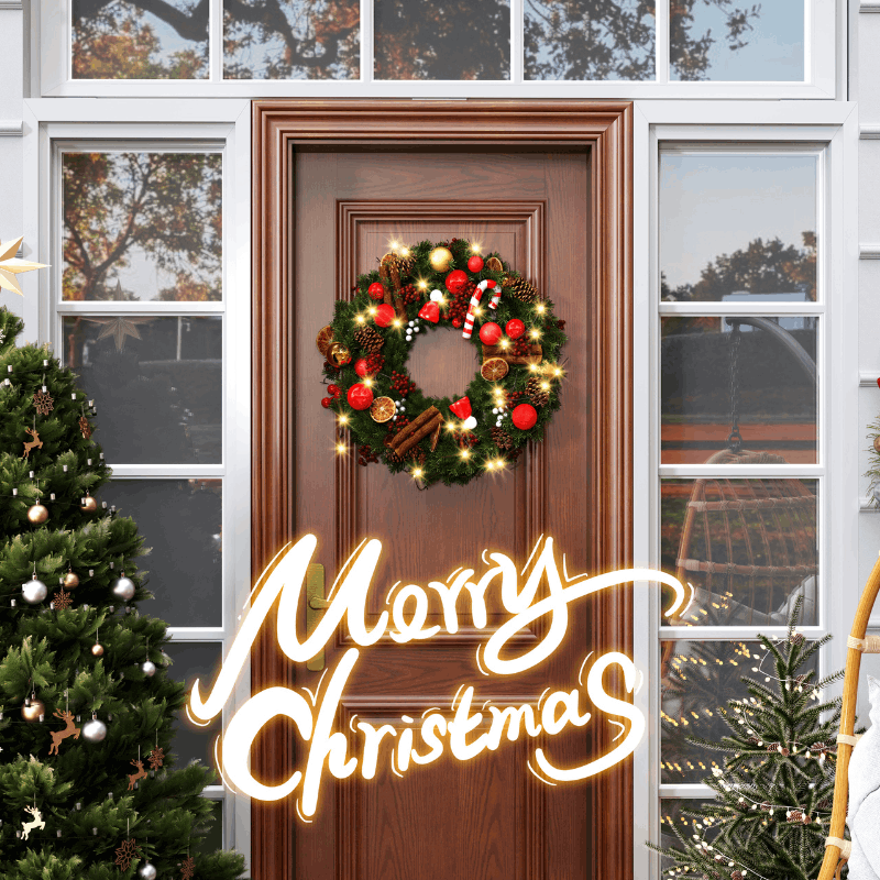 Couronne De Noël Extérieure Avec Lumières LED - Décoration Festive Pour Porte, Cheminée, Table, 30x40 Cm, Velours