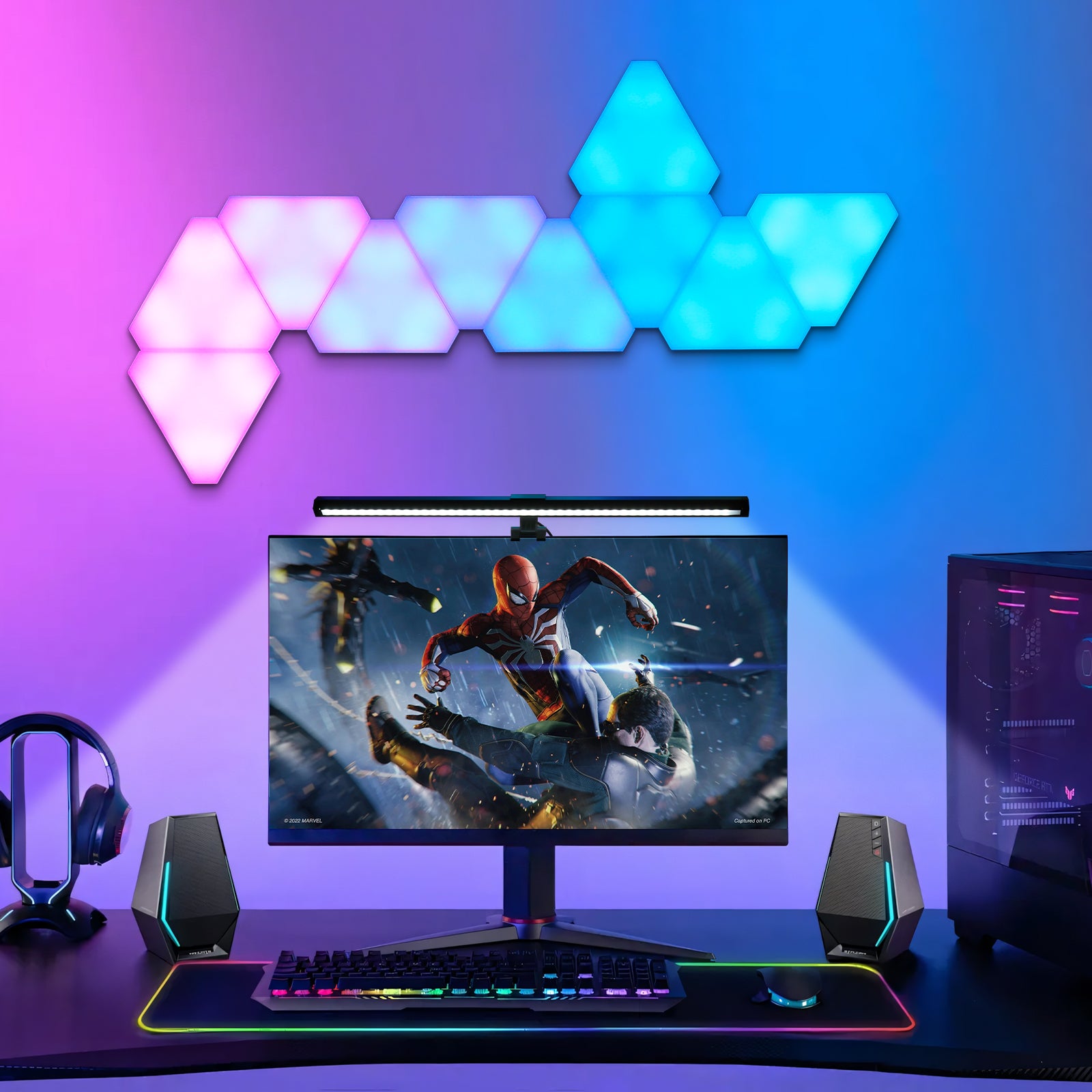 Gaming Light Set – Triangle RGBIC LED Panels + Eye-Caring Monitor Lamp, Sync with Music, App/Remote Control, Ideal for Gaming Room & Workstation