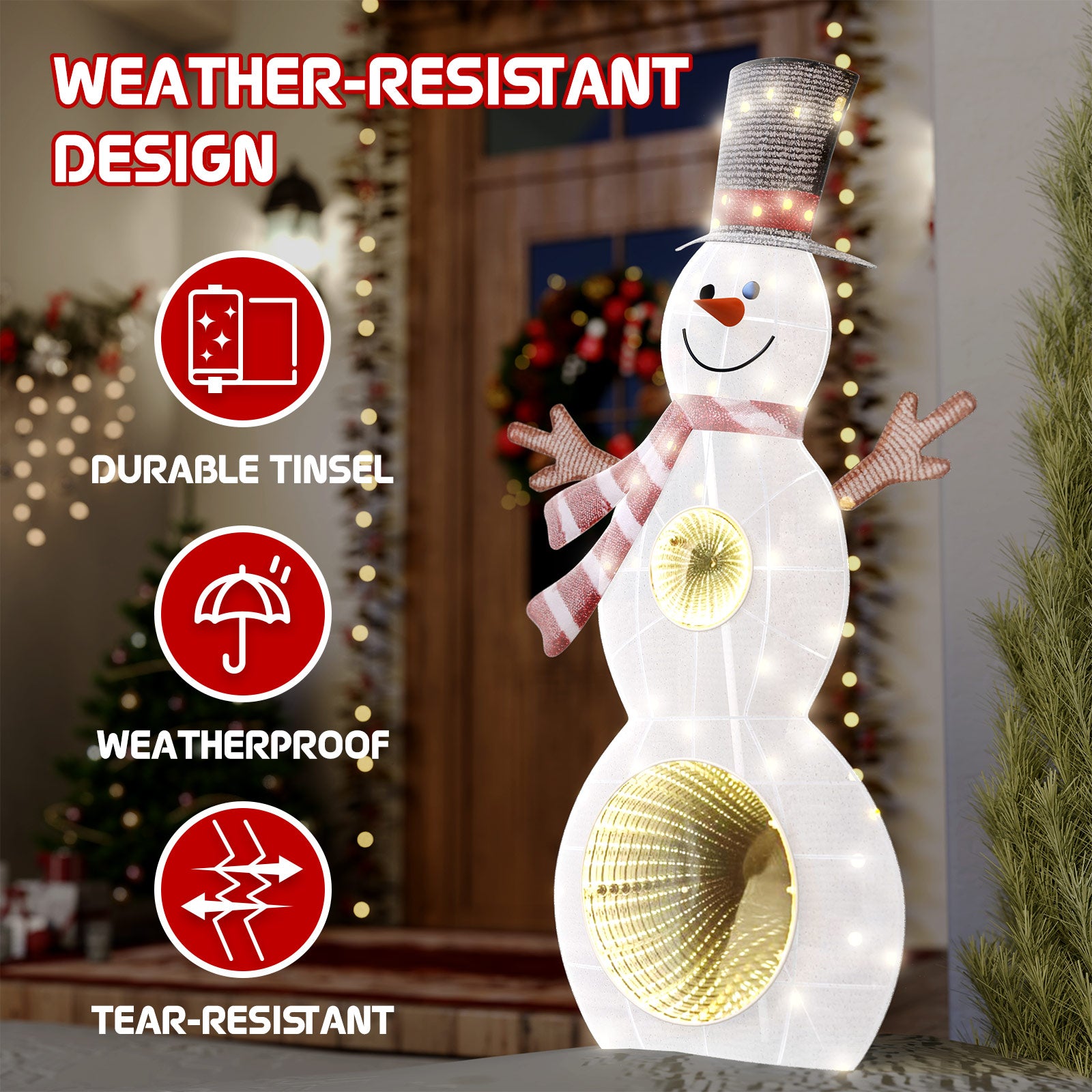 Quntis Bonhomme de neige lumineux de 3 pieds, 53 LED avec miroir infini, décoration de jardin de Noël 3D pailletée pour affichage de vacances en intérieur et en extérieur