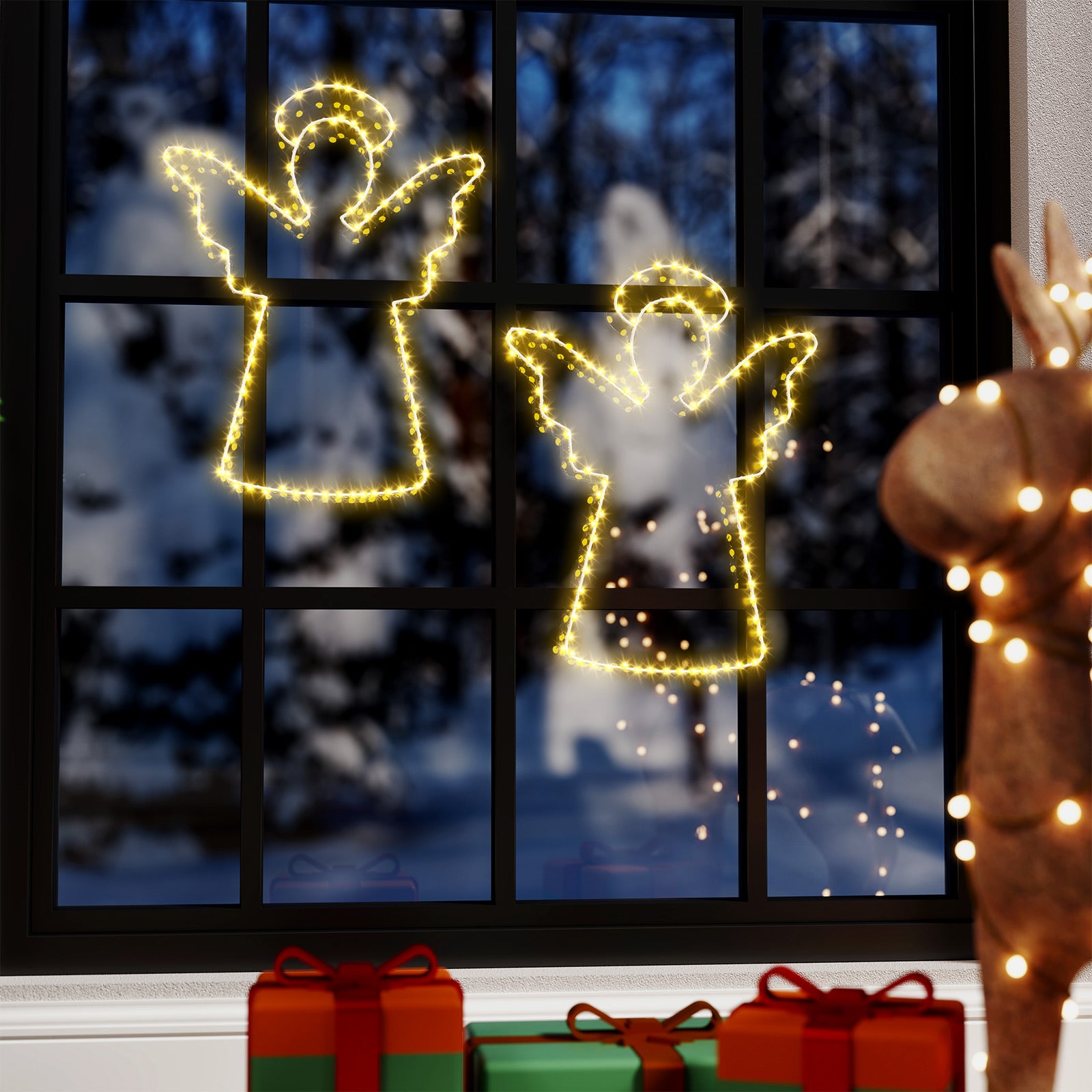 Quntis Lumières Anges 16" – 100 Lumières LED de Fenêtre, Minuteur, Décor de Noël Fonctionnant sur Piles pour Mur, Porte et Maison (Blanc Chaud)