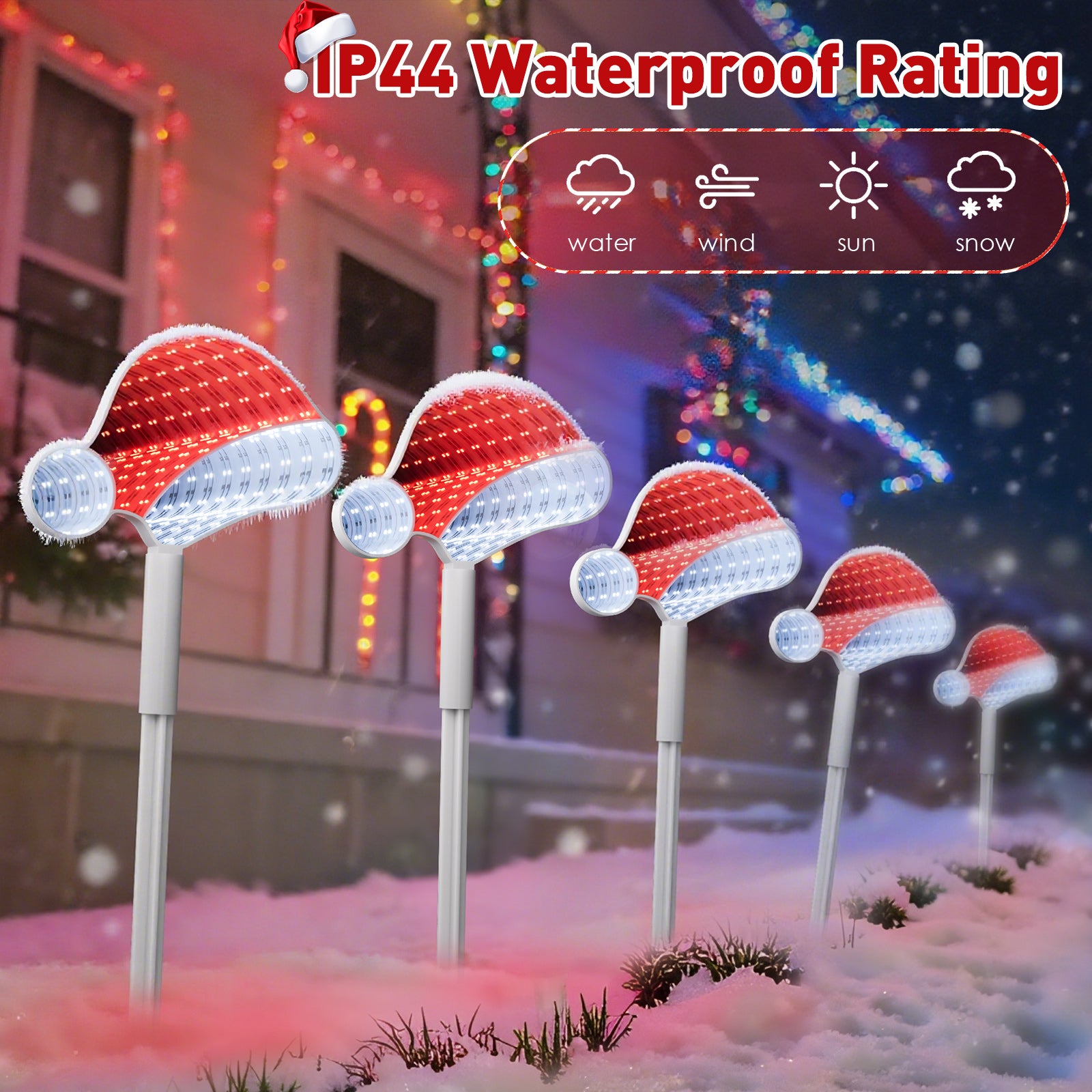 Quntis 1 Pack（4Pcs）Outdoor 3D Mirror Santa Hat Stake Lights – LED Christmas Decorations for Lawn & Walkway