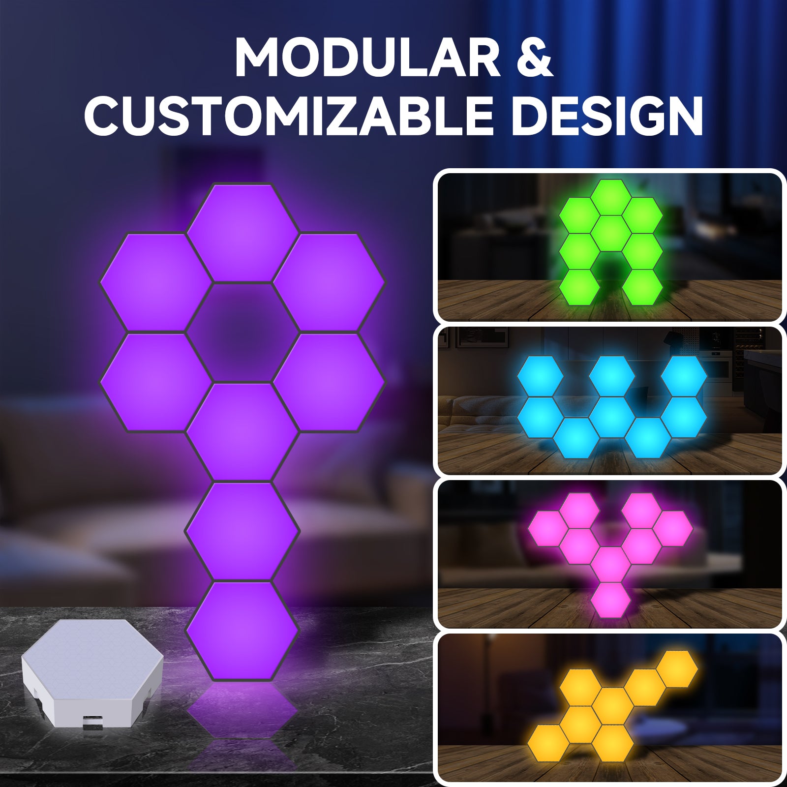 Panneaux lumineux hexagonaux, lumières LED hexagonales RGB synchronisées avec la musique, lumières de jeu avec application et télécommande pour la décoration intérieure de jeu.