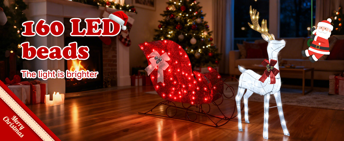 ライト付きクリスマスのトナカイとそりセット – 屋外用LED装飾