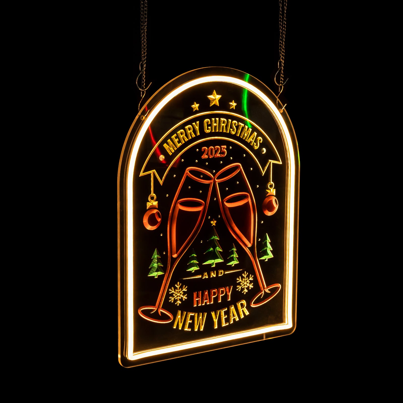 Engraved Neon "Merry Christmas" Toasting Glasses 3D LED Carved Sign, Festive Holiday Bar & Party Decor