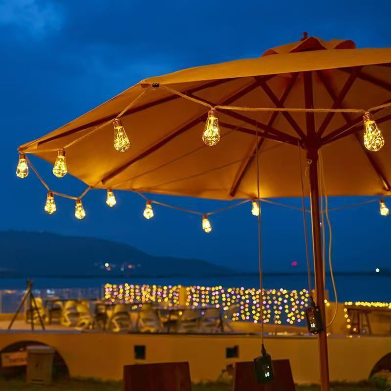 led string lights for patio umbrella Quntis 27.3FT Solar String Lights, Dual-Powered USB Shatterproof Globe Bulbs, 16 LED Warm White Lighting for Camping