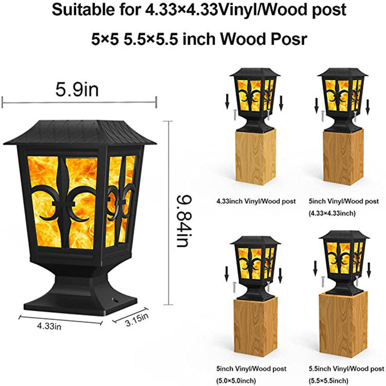 Solar Flame Post Cap Lights, Outdoor Fence Post Lights with Flickering Flame Effect for Garden, Patio & Yard