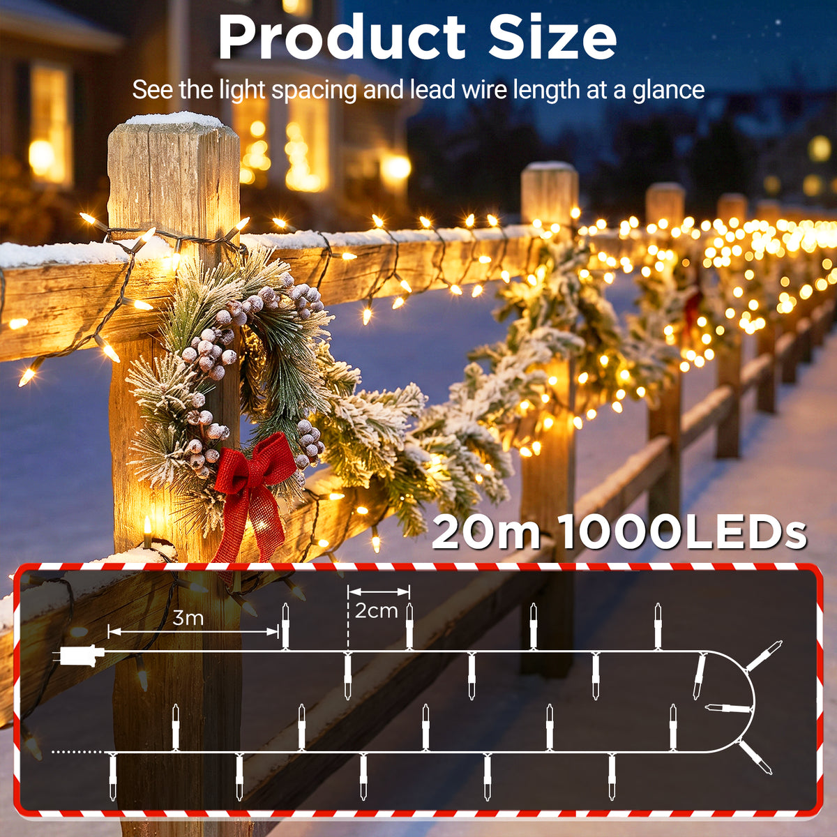 Quntis 20m(65.6ft) 1000 LED Guirlande lumineuse de Noël à bulles, blanc chaud, câble noir
