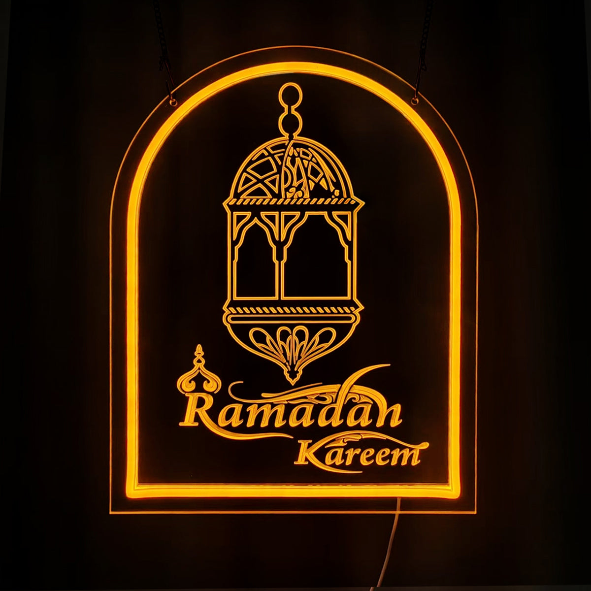 Layered 3D Art Neon Sign: Illuminated 'Ramadan Kareem' Mosque Relief in Arch Frame