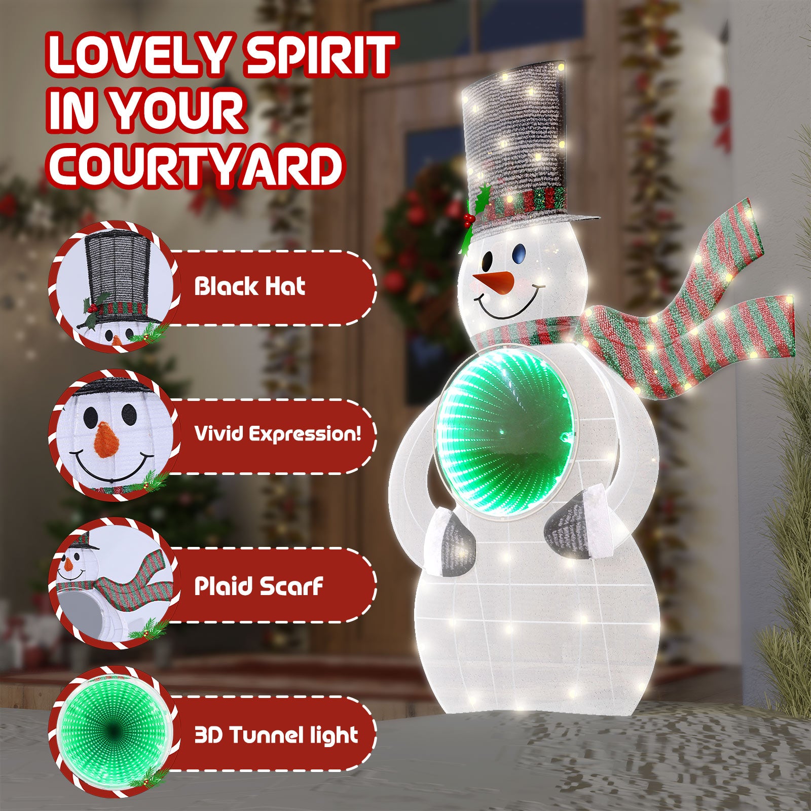 Quntis Decorazioni Natalizie a Forma di Pupazzo di Neve Illuminato da 3FT con Tunnel a Specchio Infinito 3D, 56 Luci LED per Decorazioni Natalizie da Esterno e Interno, Giardino, Prato, Veranda