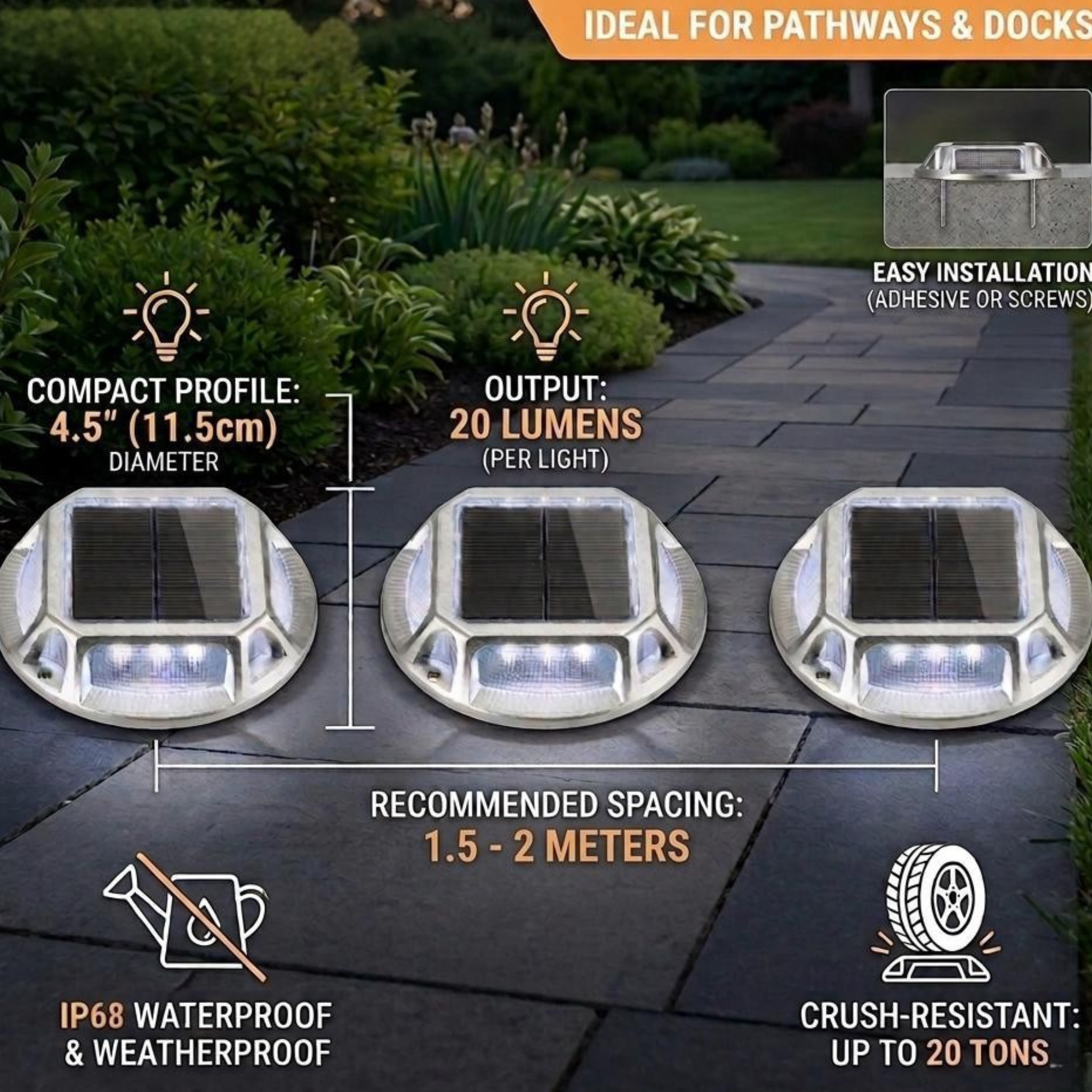 Quntis Solar Deck Lights , IP68 Waterproof Dusk to Dawn LED Solar Lights, Heavy Duty Lighting for Deck and Pathway