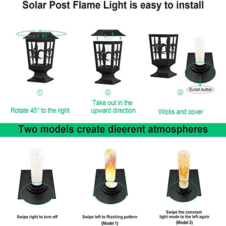 Solar Flame Post Cap Lights, Outdoor Fence Post Lights with Flickering Flame Effect for Garden, Patio & Yard