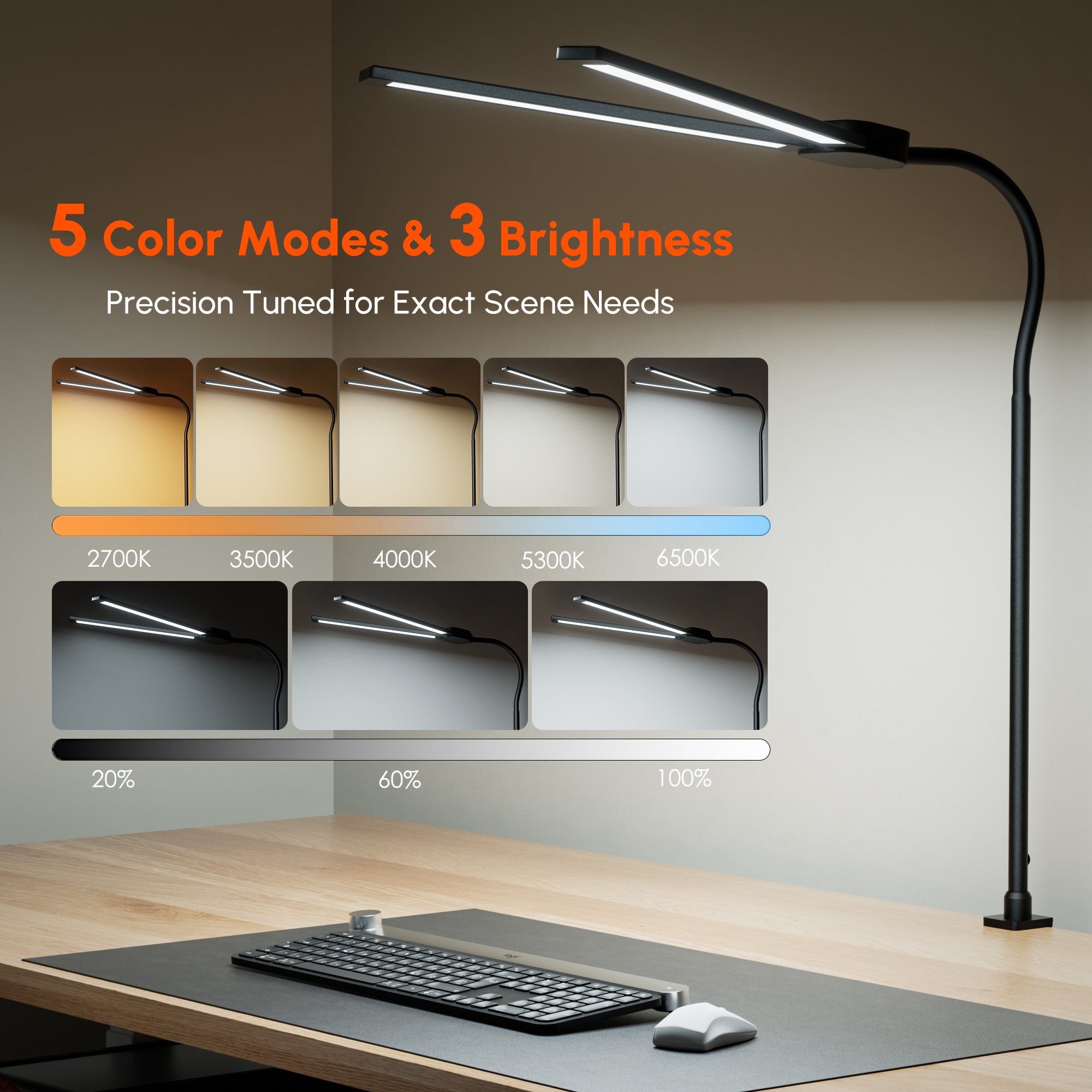 Quntis Dual-Head LED Desk Lamp with Clamp, Ultra-Wide Office Lamp for Dual Monitors, 360° Flexible Gooseneck Architect Lamp with Auto-Timer & Touch Control, CRI>90 Eye-Caring Task Light - Black