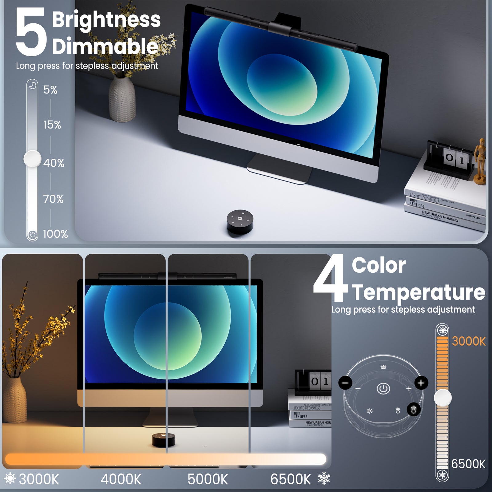 LumeEase Computer Monitor Lamp, Screen Monitor Light Bar for Eye Caring, USB Reading LED Task Lamp with Auto-Dimming, Dimmable Light Bar, Touch Control, No Glare Space Saving Home Office Desk Lamps
