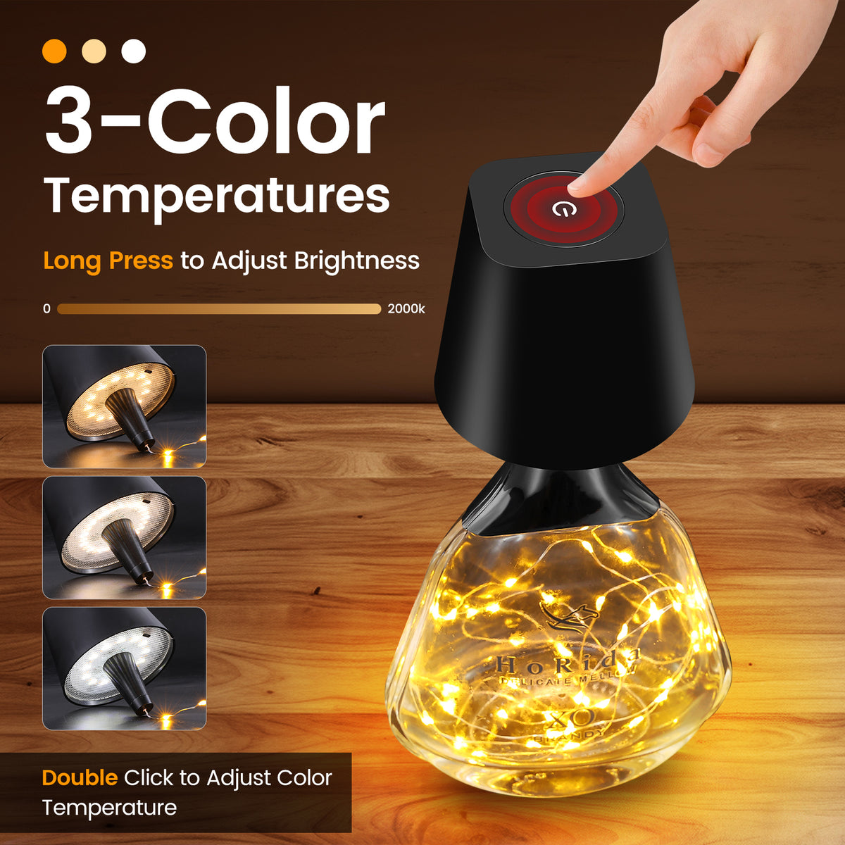 Quntis Cordless Bottle Lamp, Rechargeable LED Wine Bottle Light, Touch Bottle Table Lamp with 2M 4 LED Copper Wire, 3 Color Temperatures Dimming Dining Bar Light for Bedrooms Restaurants Bars