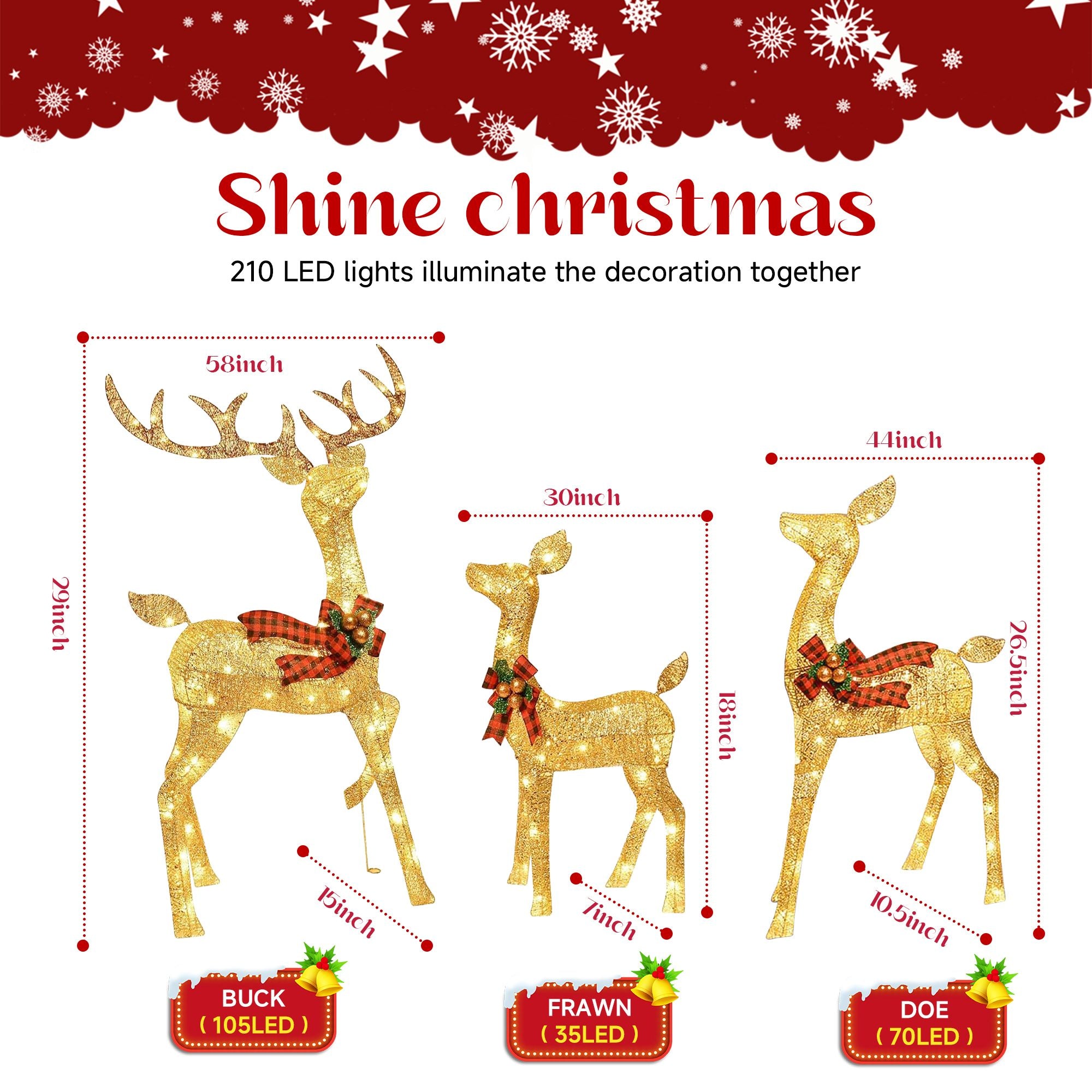 Beleuchtetes Weihnachts-Rentier-Familien-Set – 3-teiliges Outdoor-Garten-Dekorationsset mit 210 LED-Lichtern, Erdspießen und Verlängerungskabel