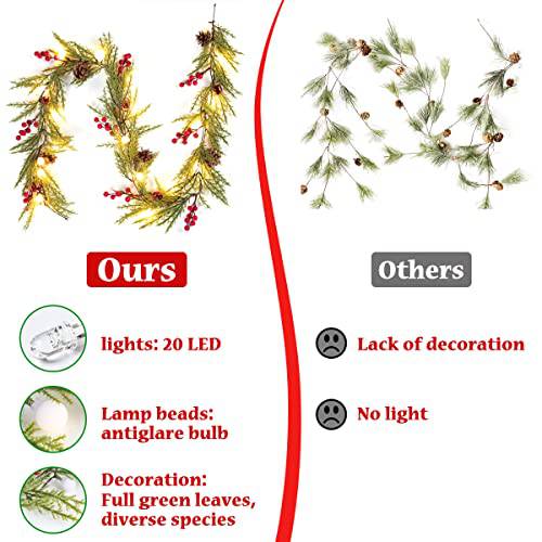 2 Pack Christmas Garland with Lights, 5.7FT 20 LED Artificial Red Berry Garland Christmas Decorations PineCones Bells - quntis-service