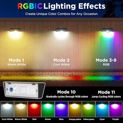 Quntis RGBCW Solar Fence Lights 4PCS, 11 Color Changing Outdoor Solar Lights with Decorative Beam, Waterproof Outdoor Wall Light, Auto On/Off Deck Lights for Garden Patio Porch Yard Railing Step