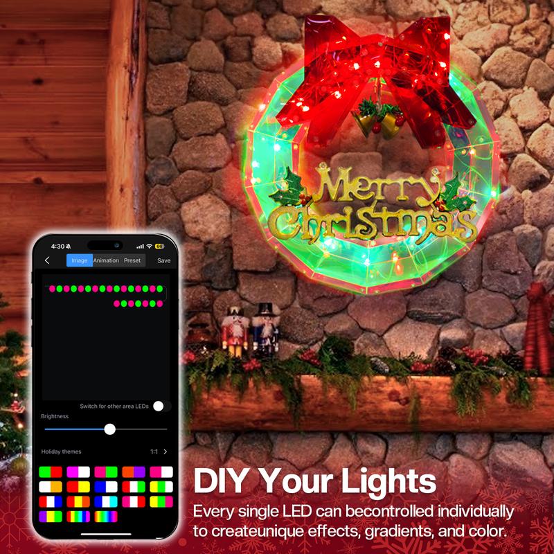 Adornos de Luz de Corona de Navidad RGB Inteligente, Decoraciones de Corona de Navidad, Conjunto de Adornos para Interiores y Exteriores de Vacaciones Navidad 2024
